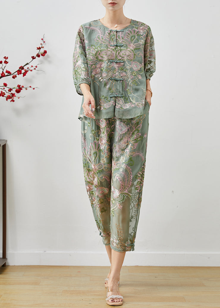 Modern Green Embroidered Chinese Button Silk Two Pieces Set Summer