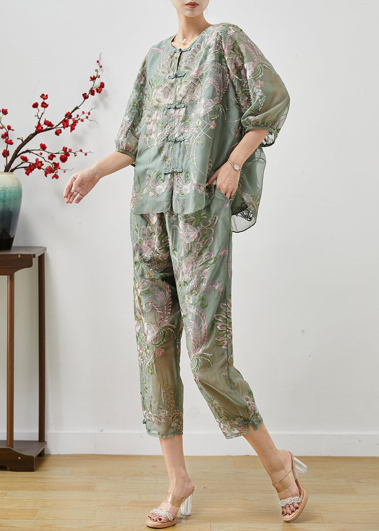 Modern Green Embroidered Chinese Button Silk Two Pieces Set Summer