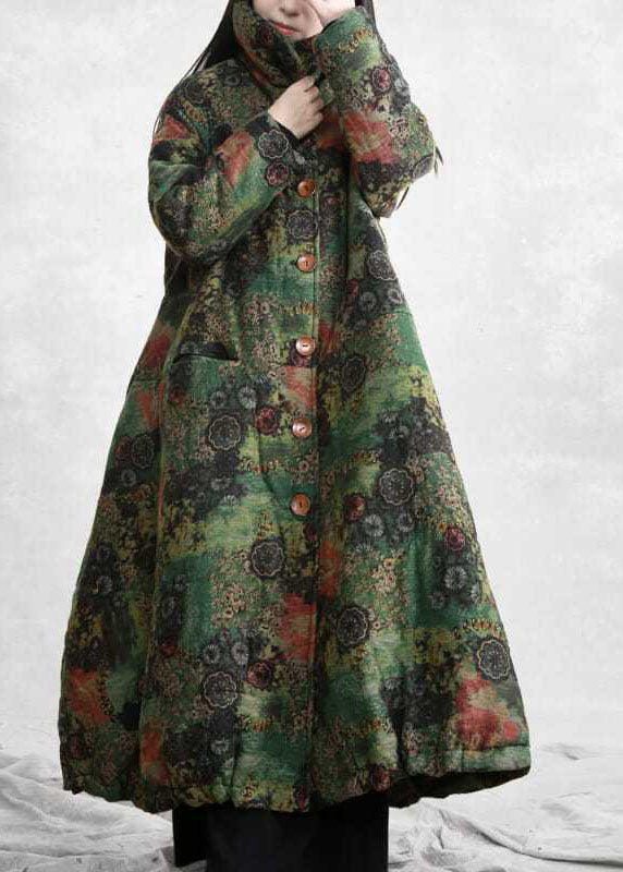 Modern Green High Neck Print Lengthen Fine Cotton Filled Coats Winter