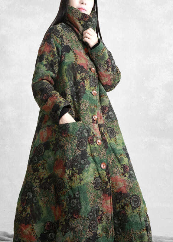 Modern Green High Neck Print Lengthen Fine Cotton Filled Coats Winter