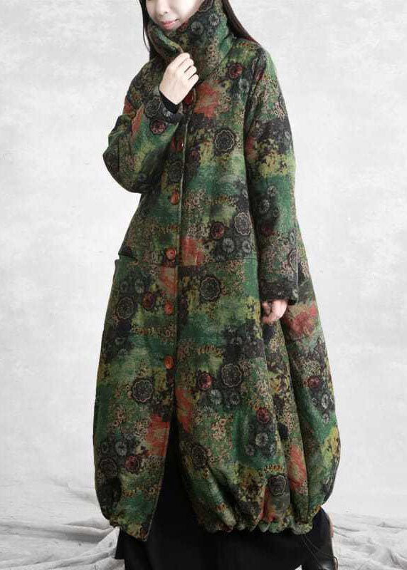 Modern Green High Neck Print Lengthen Fine Cotton Filled Coats Winter