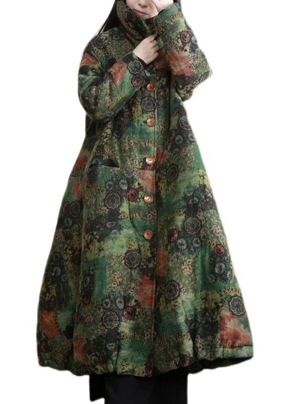 Modern Green High Neck Print Lengthen Fine Cotton Filled Coats Winter