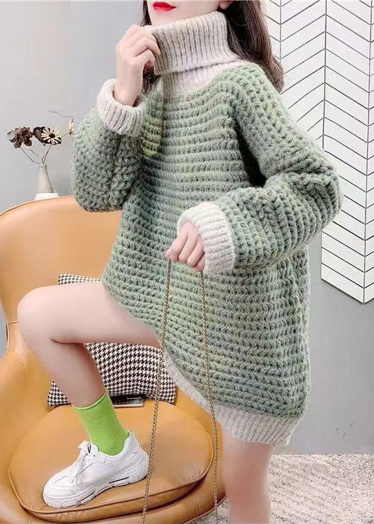 Modern Green Hign Neck Thick Patchwork Knit Sweaters Spring