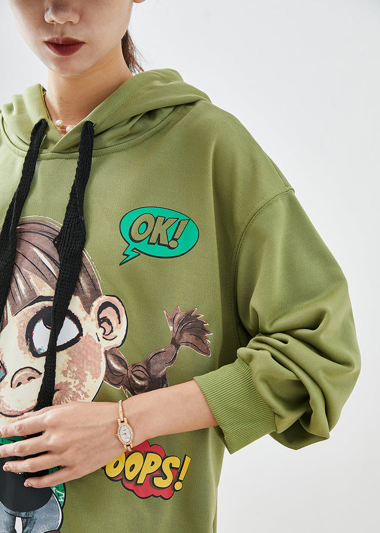 Modern Green Hooded Cartoon Print Cotton Sweatshirts Top Fall