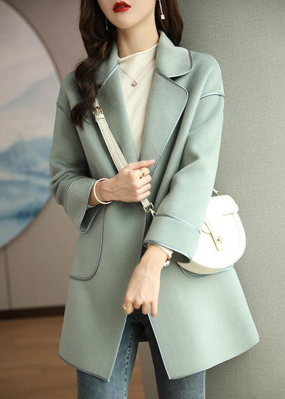 Modern Green Lapel Patchwork Pockets Woolen Coats Fall