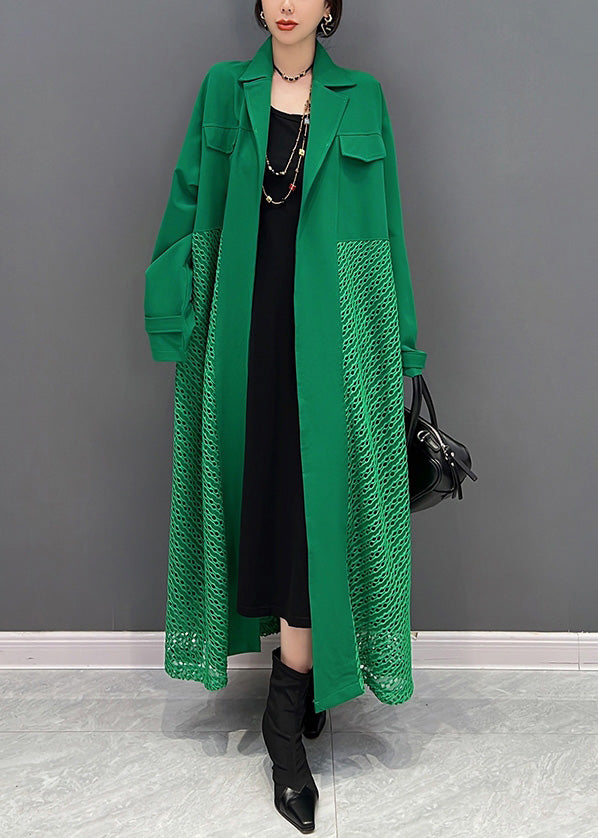 Modern Green Notched Maxi Trench Coats Spring