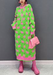 Modern Green O Neck Jacquard Thick Long Knit Dress Winter