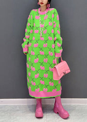 Modern Green O Neck Jacquard Thick Long Knit Dress Winter