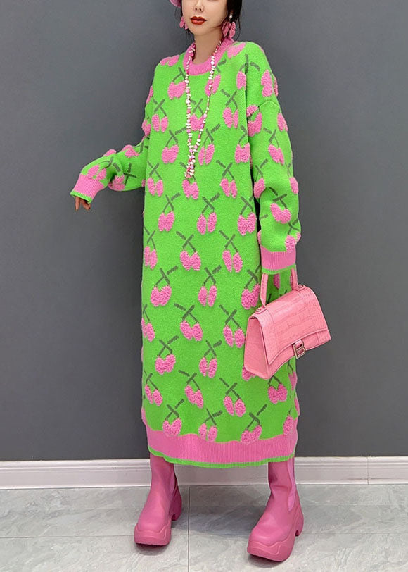 Modern Green O Neck Jacquard Thick Long Knit Dress Winter