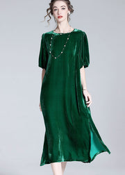 Modern Green O Neck Patchwork Side Open Silk Velour Dresses Summer