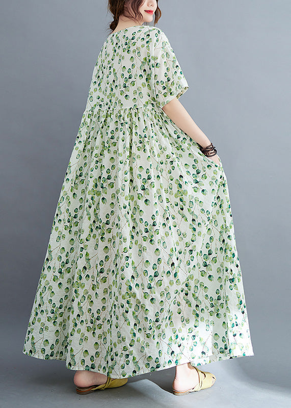 Modern Green O-Neck Print Wrinkled Holiday Maxi Dress Summer