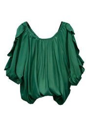 Modern Green O Neck Ruffled Patchwork Chiffon Top Summer