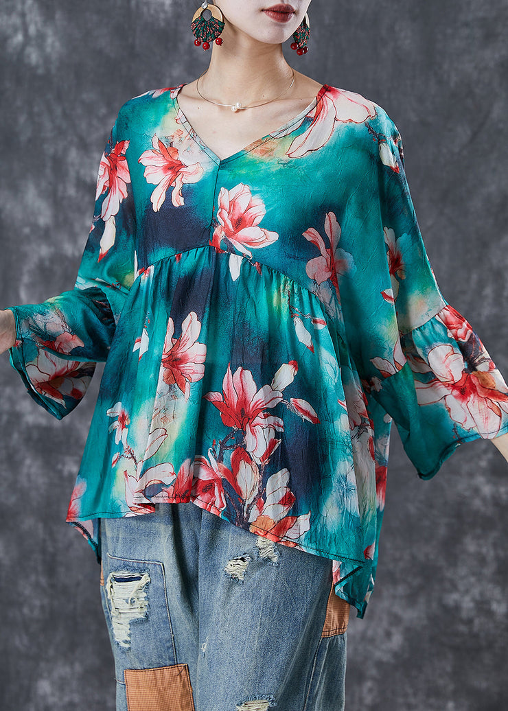 Modern Green Oversized Floral Print Cotton Tops Fall