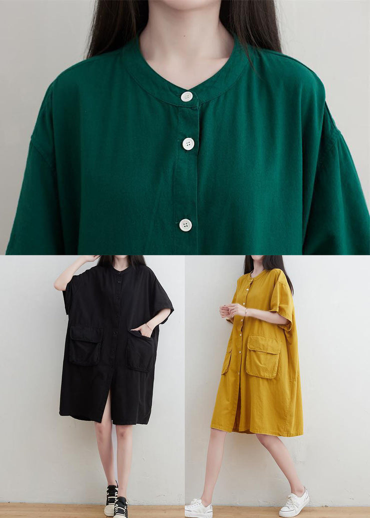 Modern Green Oversized Pockets Linen Maxi Dress Short Sleeve