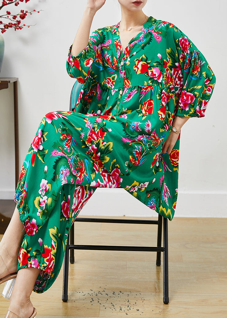 Modern Green Oversized Print Cotton Two Pieces Set Summer