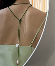 Modern Green Pearl Crystal Beading Sweater Pendant Necklace