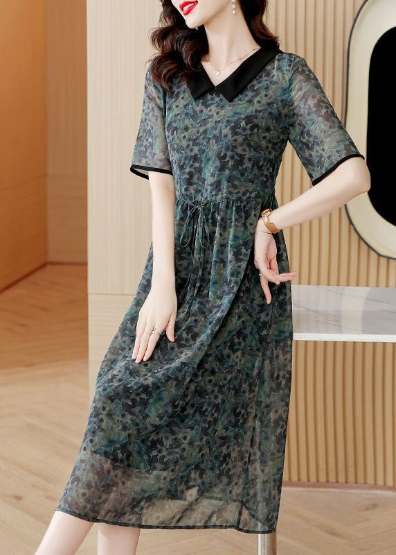 Modern Green Peter Pan Collar Print Drawstring Patchwork Silk Dresses Summer