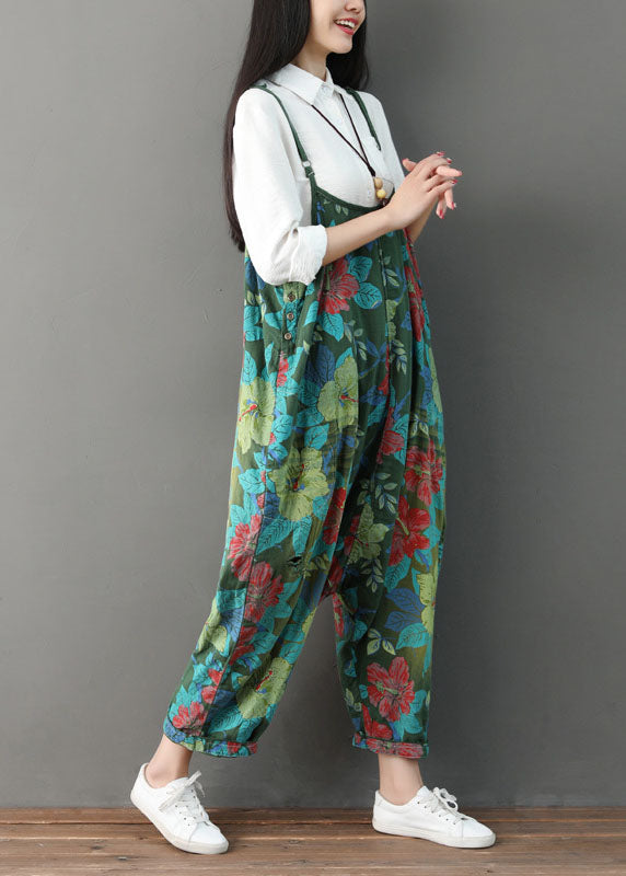 Modern Green Pockets Print Cotton Carpenter Pants Summer