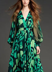 Modern Green Print Chiffon Party Dress Cinched Fall