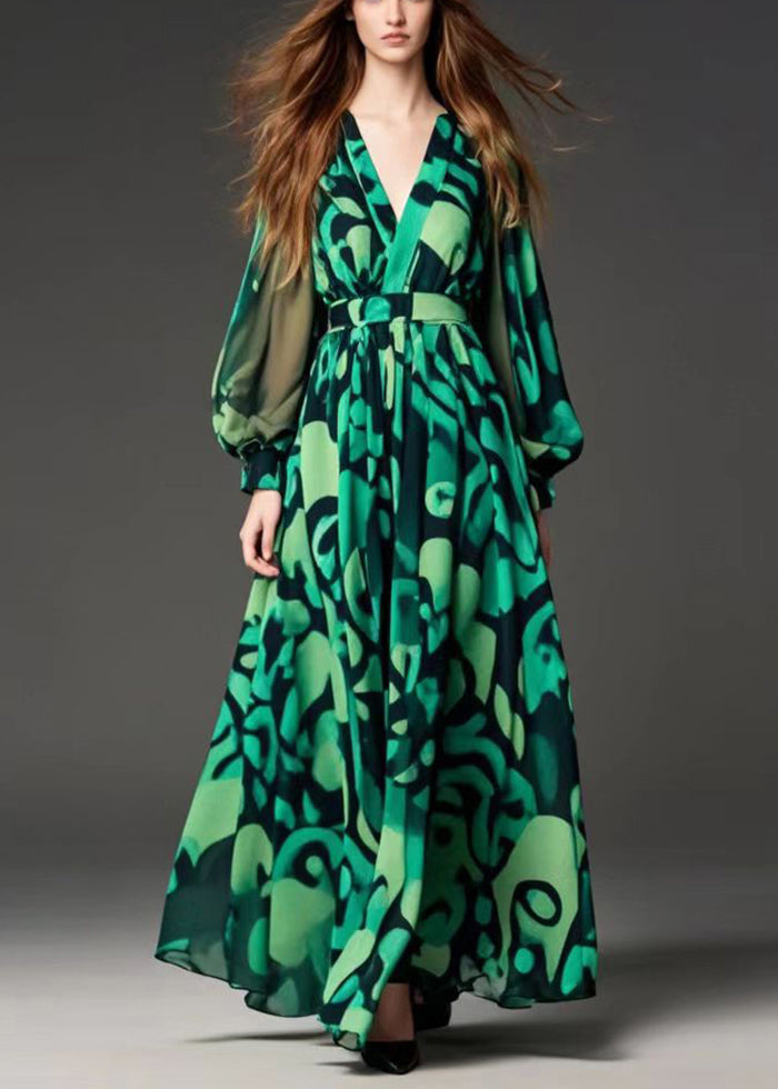 Modern Green Print Chiffon Party Dress Cinched Fall