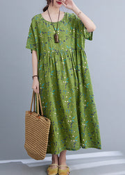 Modern Green Print Wrinkled Long Dresses Summer