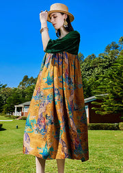 Modern Green Print Wrinkled Silk Velour Patchwork Long Dress Summer