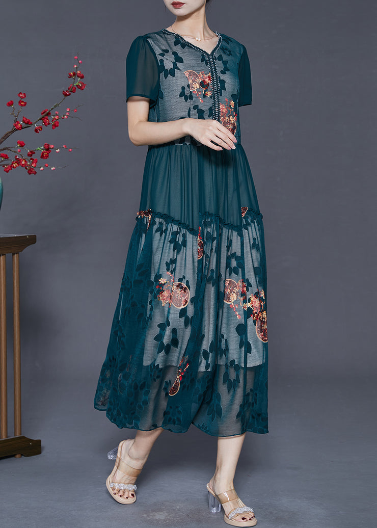 Modern Green Ruffled Patchwork Print Chiffon Dresses Summer