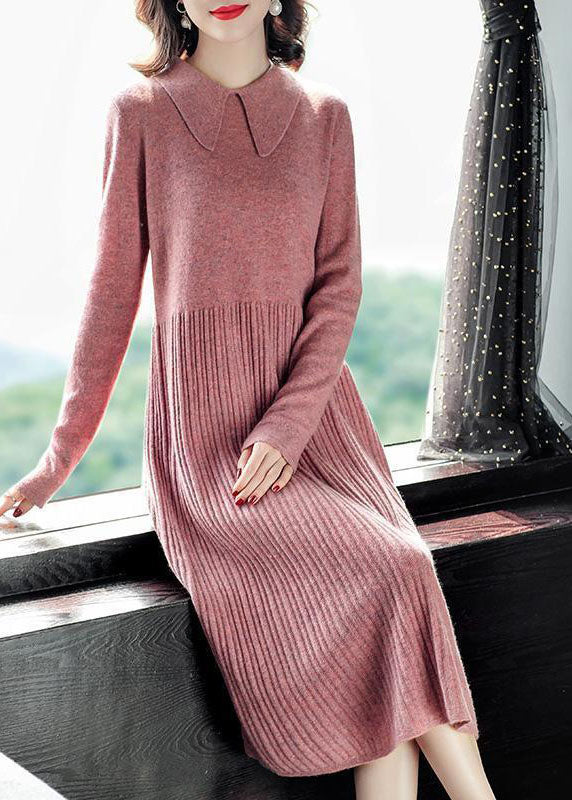 Modern Green Solid Color Peter Pan Collar Wrinkled Knit Sweater Dress Long Sleeve