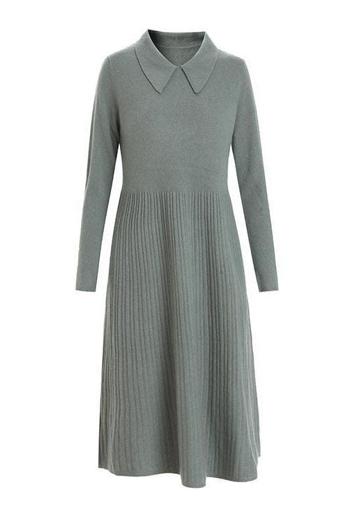 Modern Green Solid Color Peter Pan Collar Wrinkled Knit Sweater Dress Long Sleeve