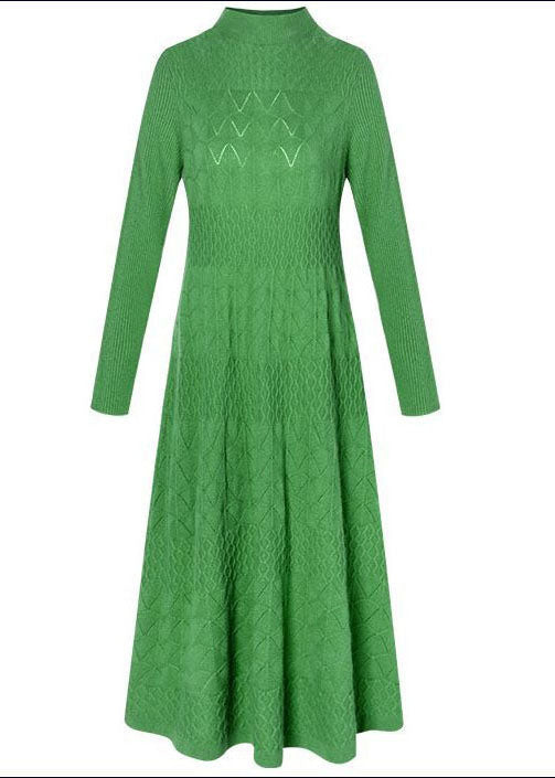 Modern Green Stand Collar Jacquard Solid Color Knitted Long Dress Long Sleeve