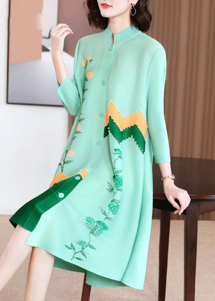 Modern Green Stand Collar Patchwork Nail Bead Dresses Bracelet Sleeve