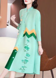 Modern Green Stand Collar Patchwork Nail Bead Dresses Bracelet Sleeve