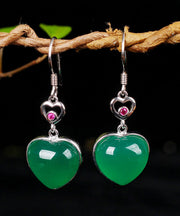 Modern Green Sterling Silver Inlaid Love Chalcedony Drop Earrings