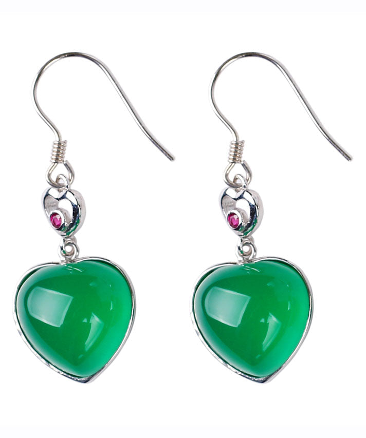 Modern Green Sterling Silver Inlaid Love Chalcedony Drop Earrings