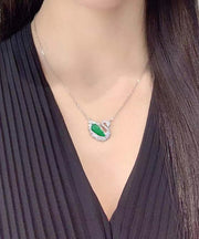 Modern Green Sterling Silver Jade Little Swan Pendant Necklace