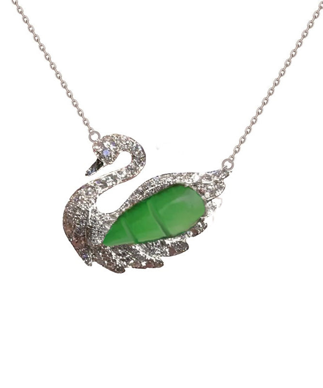 Modern Green Sterling Silver Jade Little Swan Pendant Necklace