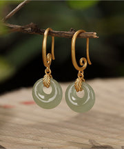 Modern Green Sterling Silver Overgild Jade Ping Buckle Drop Earrings