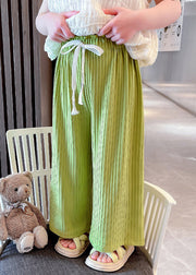 Modern Green Striped Patchwork Tie Waist Ice Silk Girls Pants