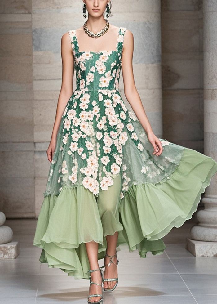 Modern Green Three-dimensional Chrysanthemum Exra Large Hem Chiffon Party Dress Summer