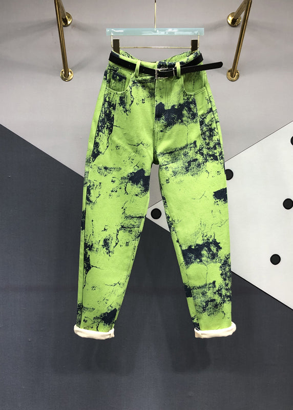 Modern Green Tie Dye Pockets Patchwork Denim Pants Fall