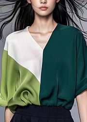 Modern Green V Neck Chiffon Shirt Short Sleeve