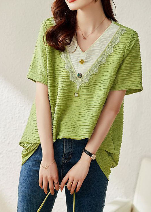 Modern Green V Neck Lace Patchwork Chiffon Tops Summer