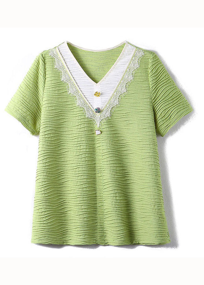 Modern Green V Neck Lace Patchwork Chiffon Tops Summer