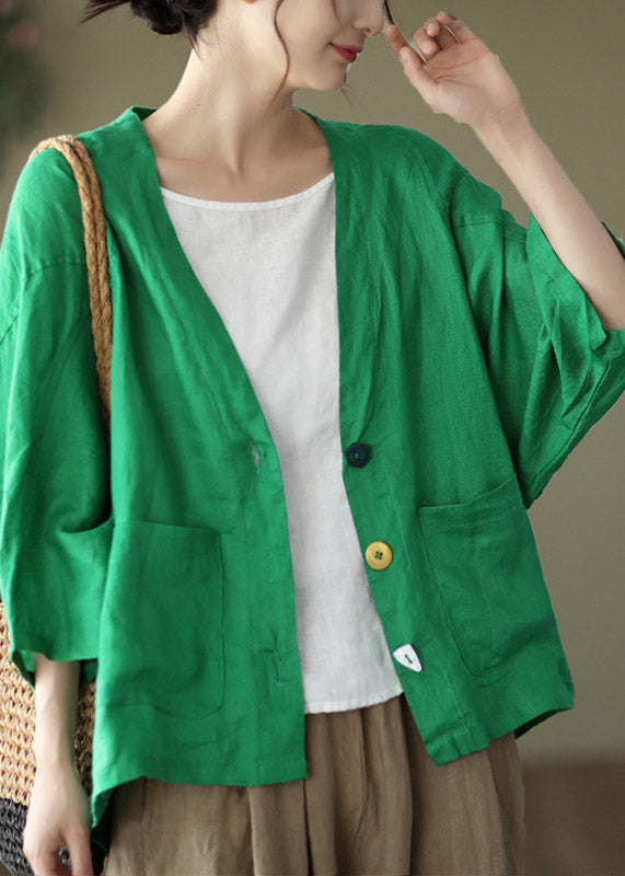 Modern Green V Neck Patchwork Button Linen Shirt Long Sleeve