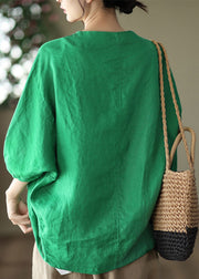 Modern Green V Neck Patchwork Button Linen Shirt Long Sleeve