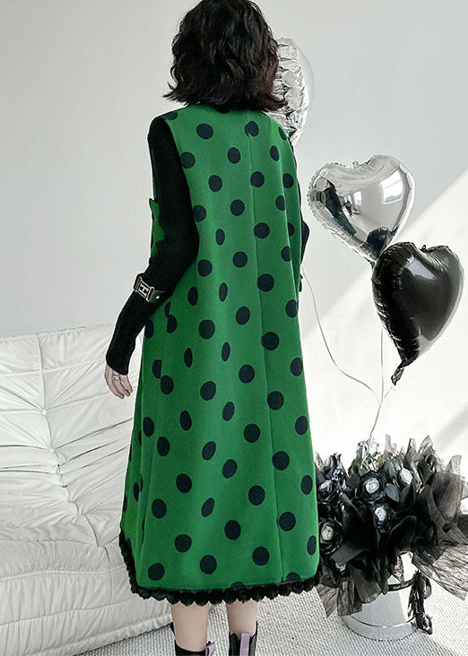 Modern Green V Neck Patchwork Dot Print Woolen Long Vest Sleeveless