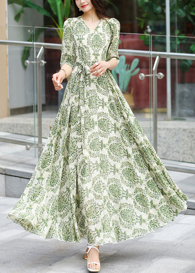 Modern Green V Neck Print Patchwork Tie Waist Chiffon Long Dress Summer