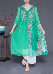 Modern Green V Neck Ruffled Patchwork Print Chiffon Dress Half Sleeve