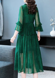 Modern Green V Neck Ruffled Patchwork Silk Dress Summer