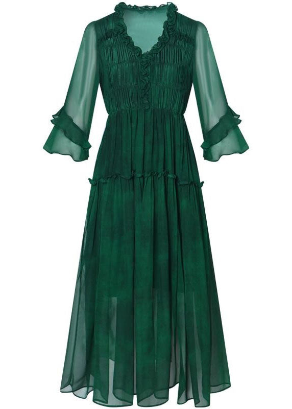 Modern Green V Neck Ruffled Patchwork Silk Dress Summer